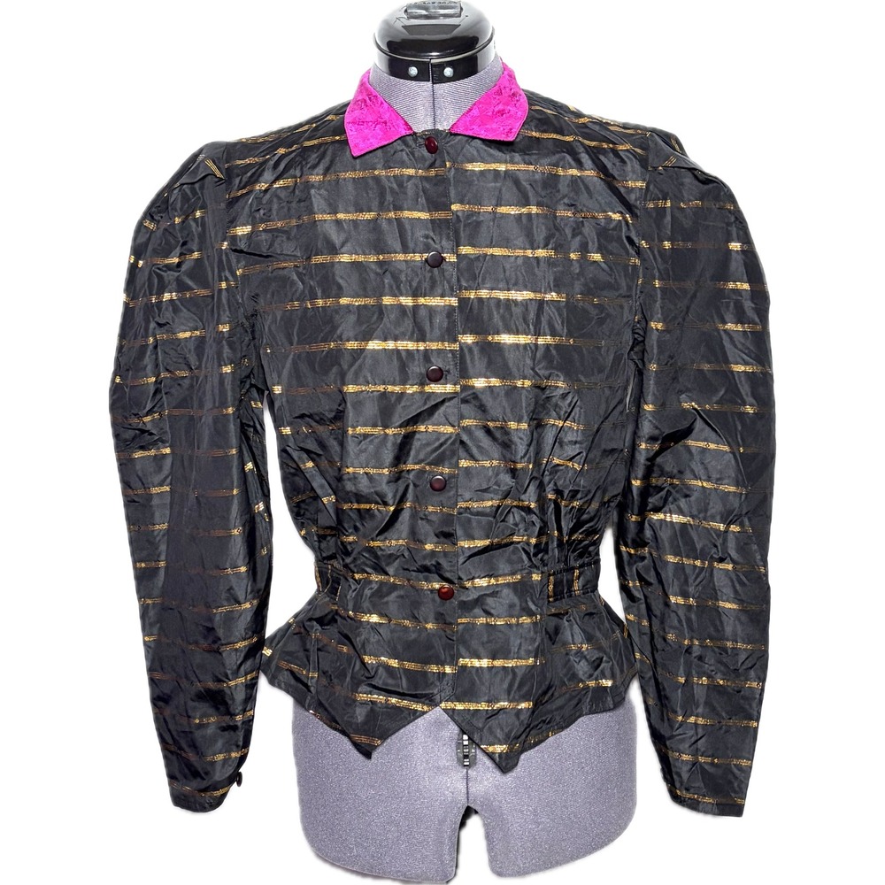 Vintage 80s Victorian Style Puff Sleeve Blouse Black Gold Metallic B37 W28